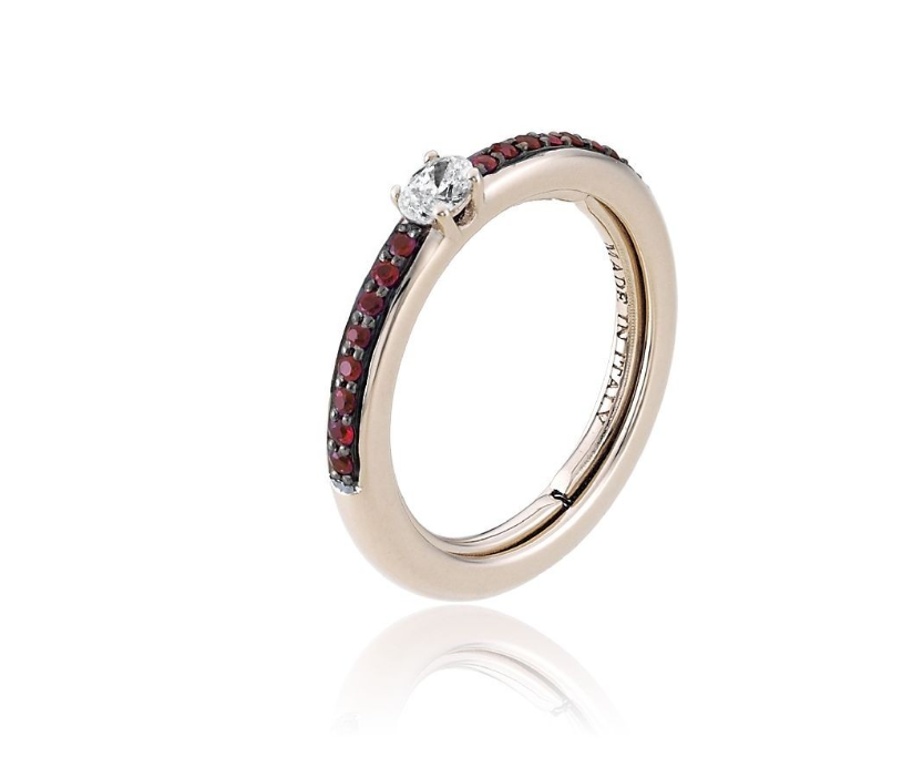 Anello Chimento Forever Stack me line in oro rosa, con diamante centrale e pavè di rubini