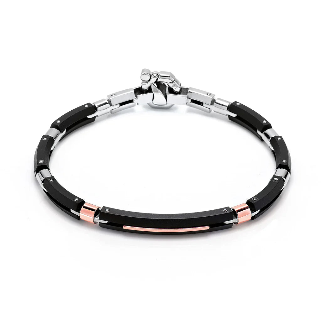 Bracciale Barakà Discovery realizzato in Acciaio con PVD nero, acciaio lucido e oro rosa 18kt