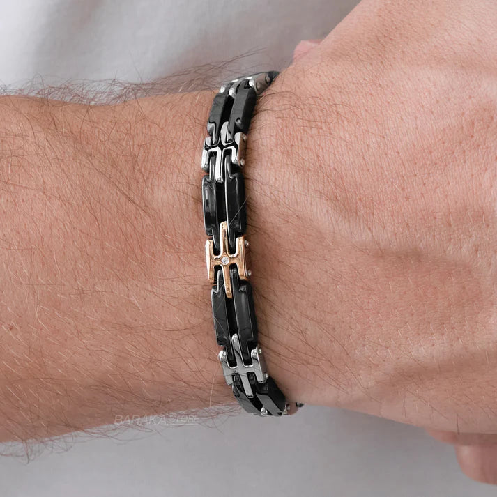 Bracciale Barakà Explore Freetime in Oro rosa 18kt, Acciaio e Ceramica nera High-Tech.