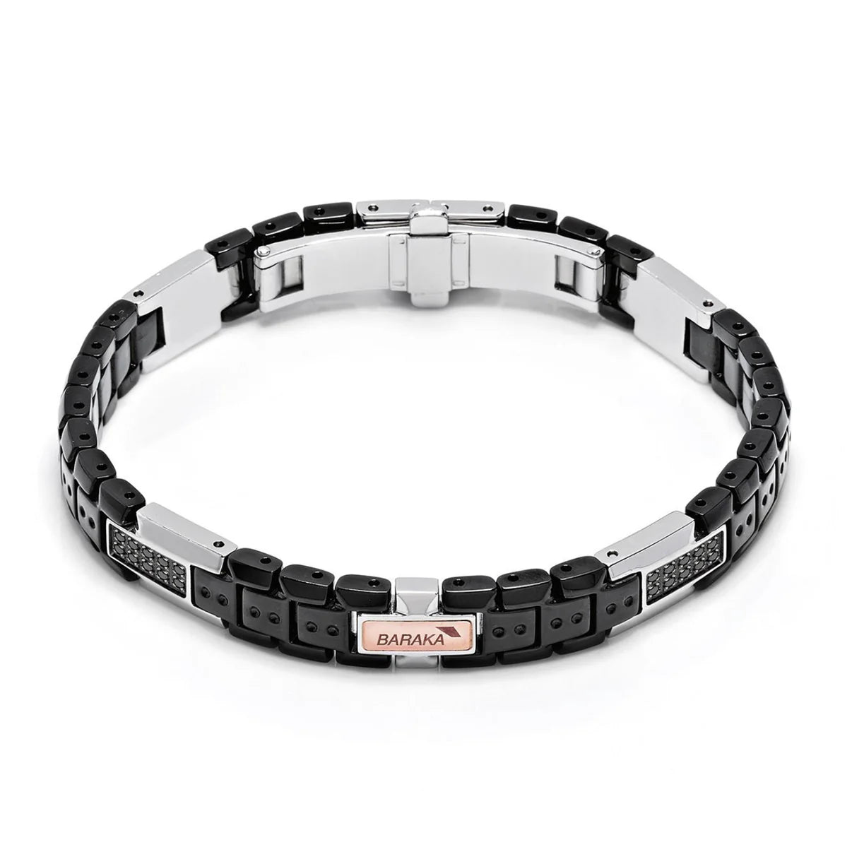 Bracciale Barakà Kabala realizzato in acciaio con pvd nero, oro rosa e diamanti