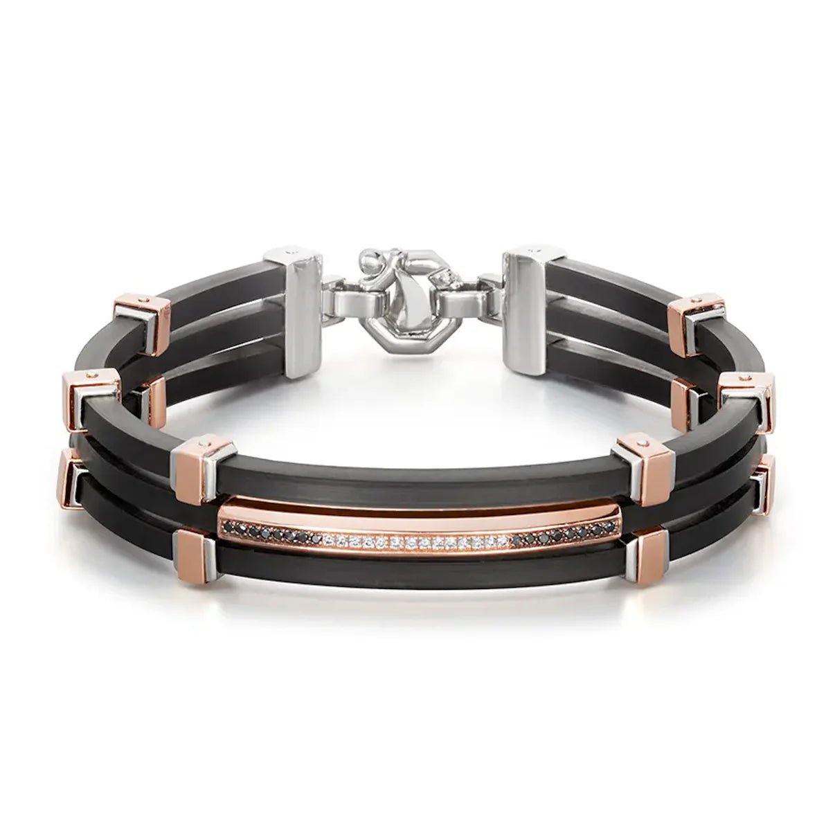 Bracciale Barakà Vortex in argento e oro rosa 18kt con diamanti neri e bianchi.