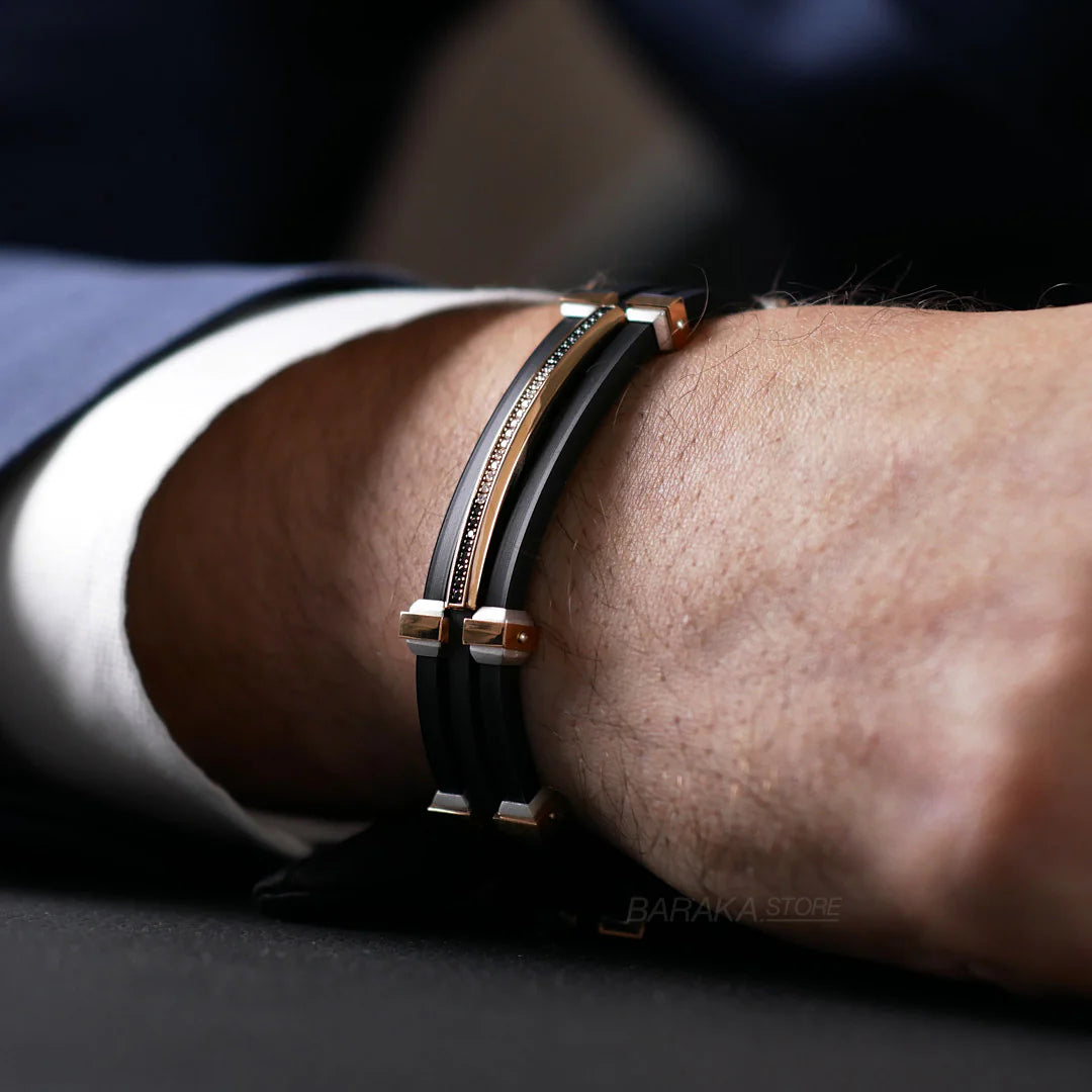 Bracciale Barakà Vortex in argento e oro rosa 18kt con diamanti neri e bianchi.